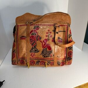 Artistic Tan and Red Leather Tote Ethnic hand embossed